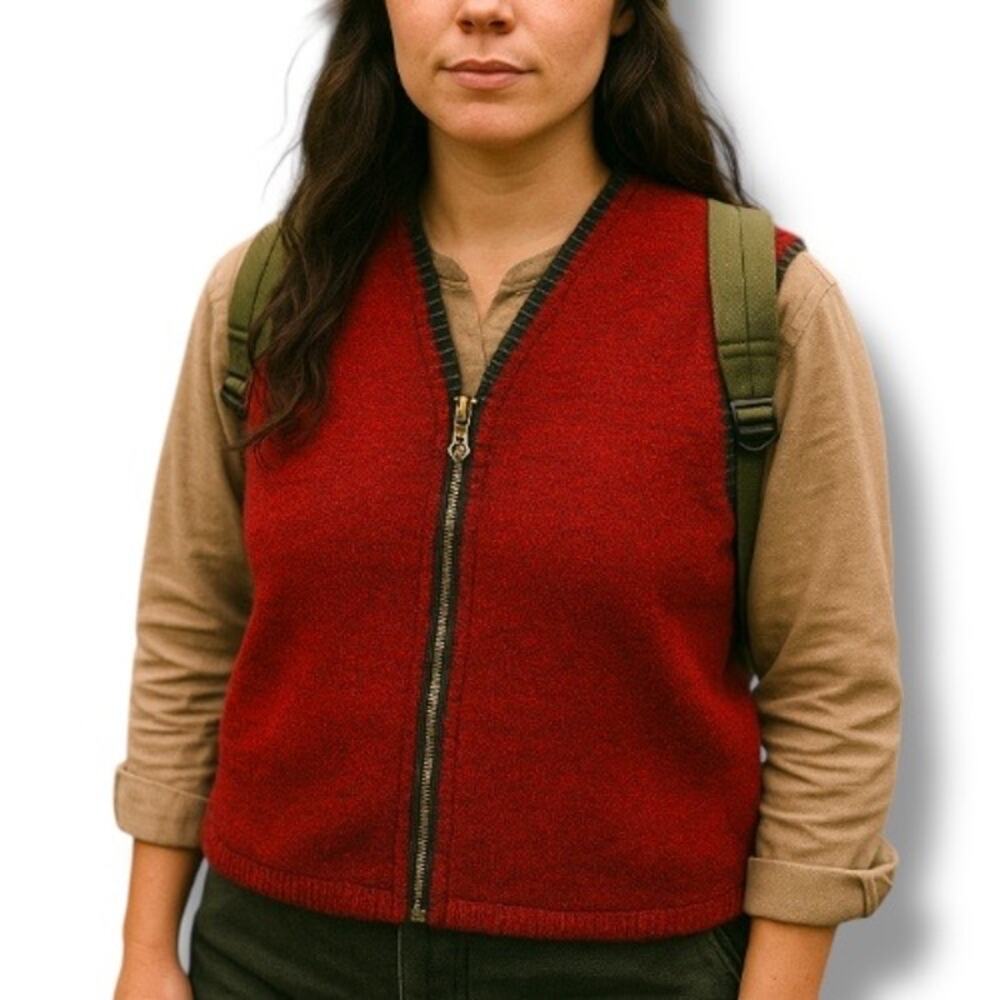 Vintage 90s Coldwater Creek Burgundy Red Wool Knit Sweater Zip Vest Black Trim